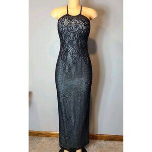 Vtg Y2K Prom Dress 90s Sz Small Roberta Crochet Lace Whimsigoth teal Black Fairy